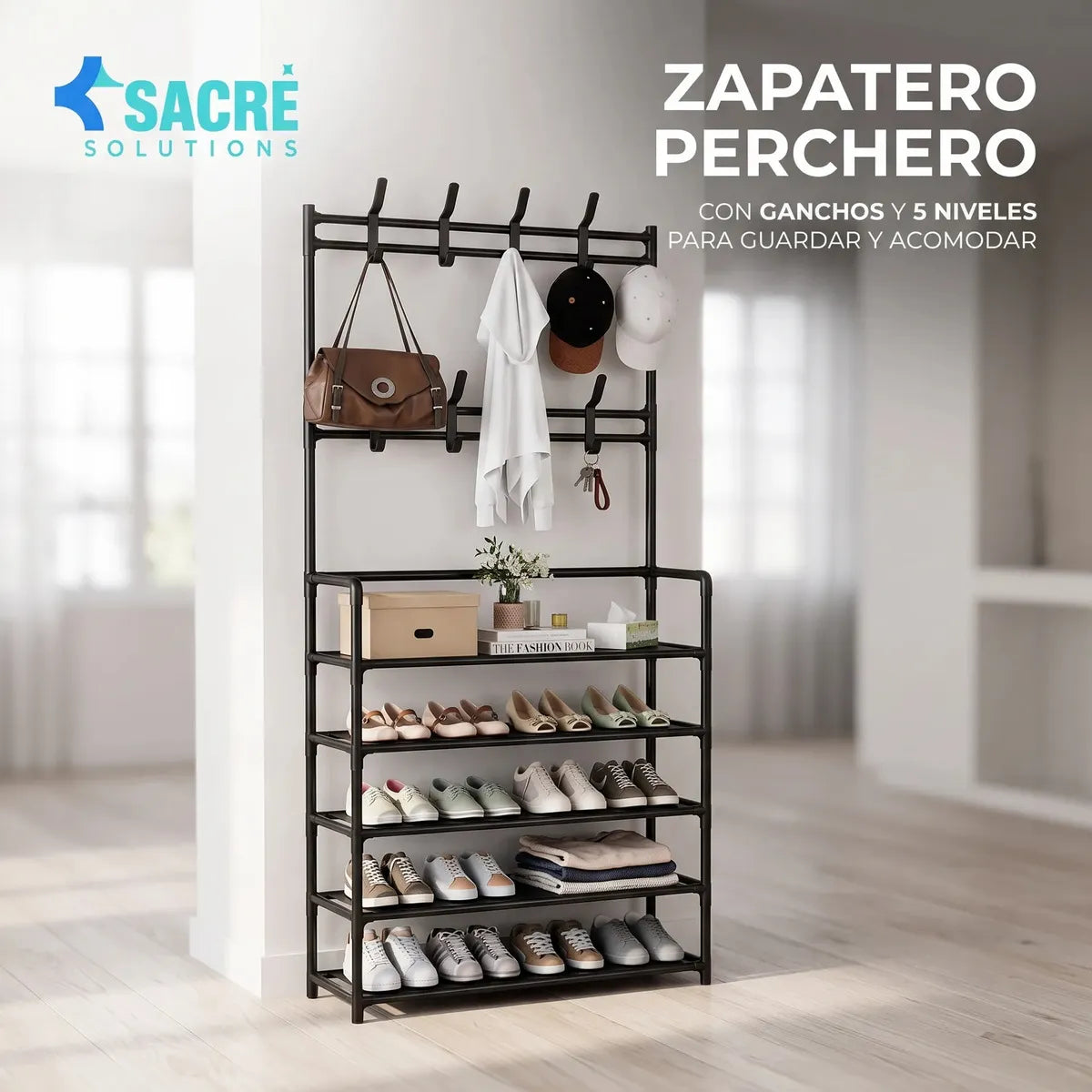 Zapatero perchero Metálico Organizador 5 Niveles mas Ganchos